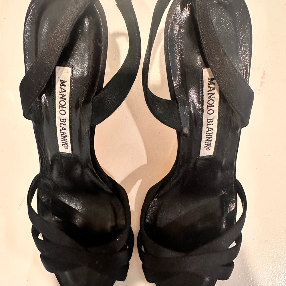 Manolo Blahnik Black Satin Heels with Lattice Straps